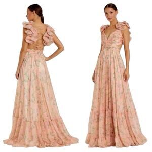 Mac Duggal 67803 Ruffle Tiered Floral Cut-Out Lace Up Chiffon Dress Size 6 $498